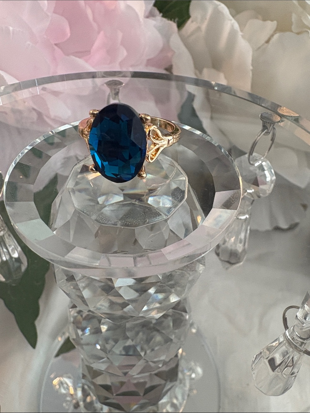Gold Ring with Deep Blue Oval  Austrian Crystal